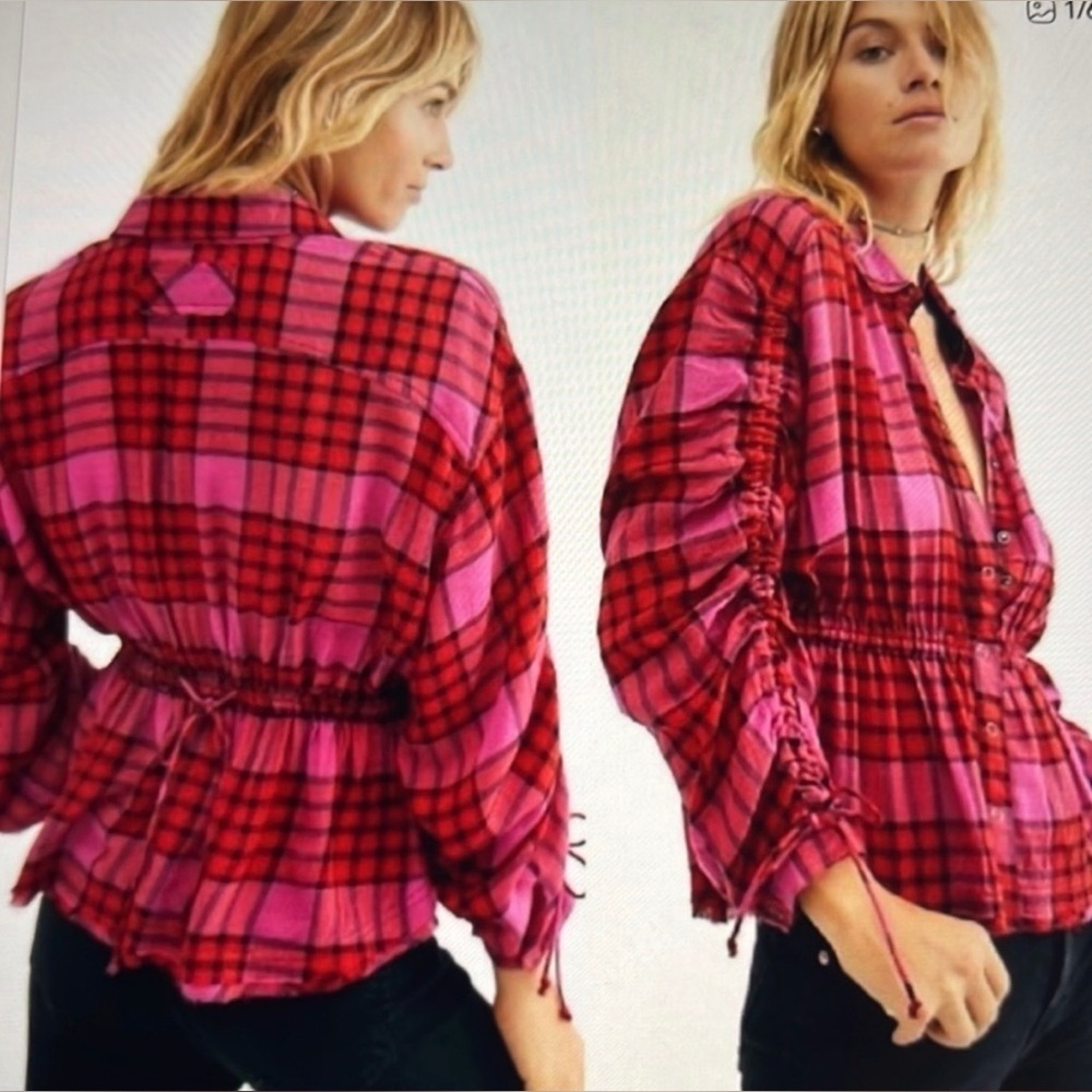 Free People Plaid Drawstring Boho Indie Festival Peasant Top Pink Red